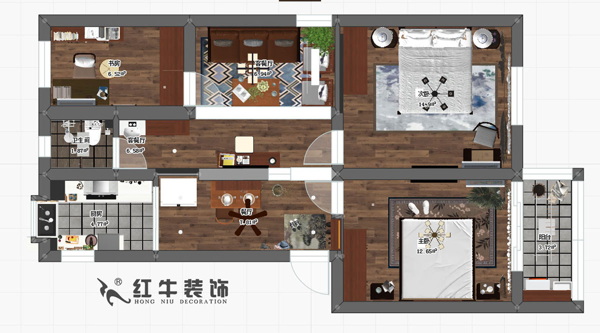 魏明花_西康路3號11-301-85㎡-簡約風格_3室2廳1衛(wèi)00彩平圖